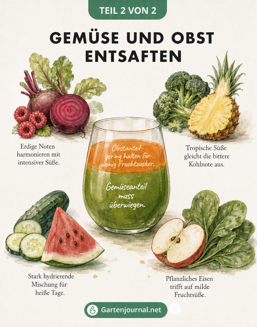 Aquarell-Illustration eines Saftglases mit dem idealen Mischverhältnis von Gemüse und Obst sowie vier leckeren Geschmackskombinationen