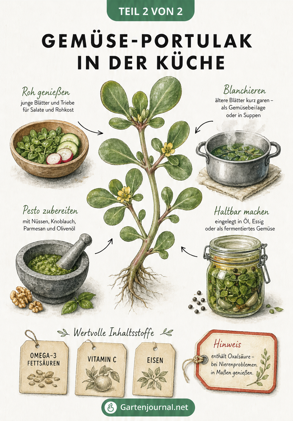 Aquarell-Zeichnung von Gemüse-Portulak mit Zubereitungsarten wie Rohkost, blanchiert, als Pesto und eingelegt sowie Nährstoffangaben.