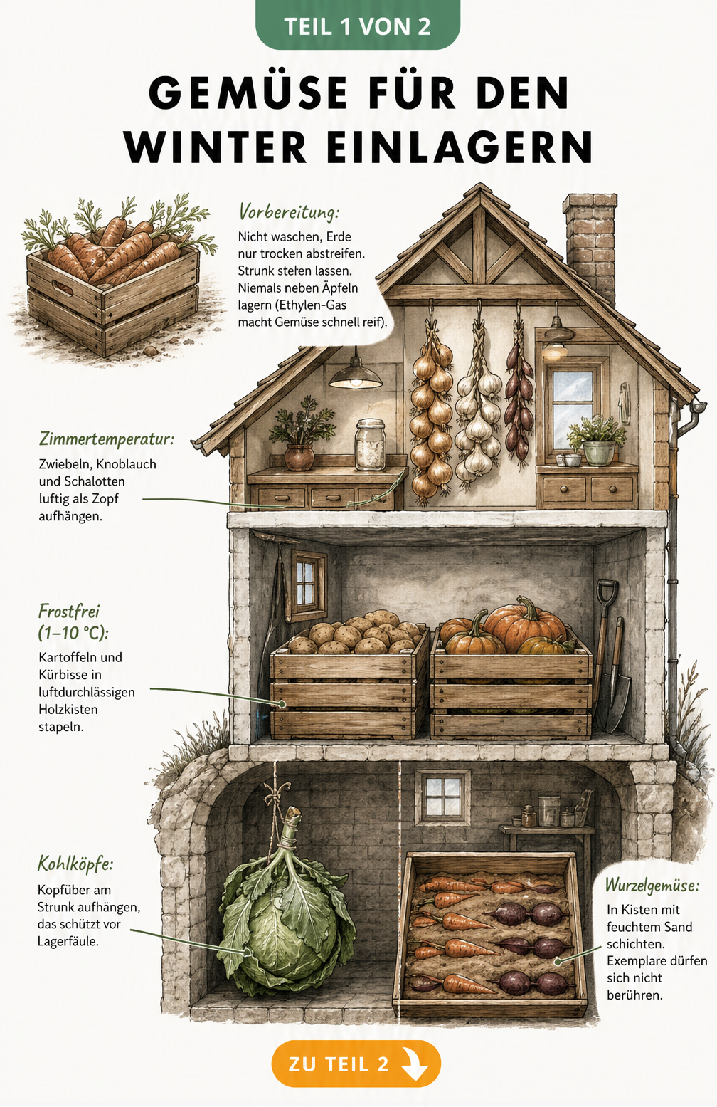 Querschnitt eines Hauses mit drei Ebenen zur Lagerung von Gemüse: Küche, Garage und Keller.