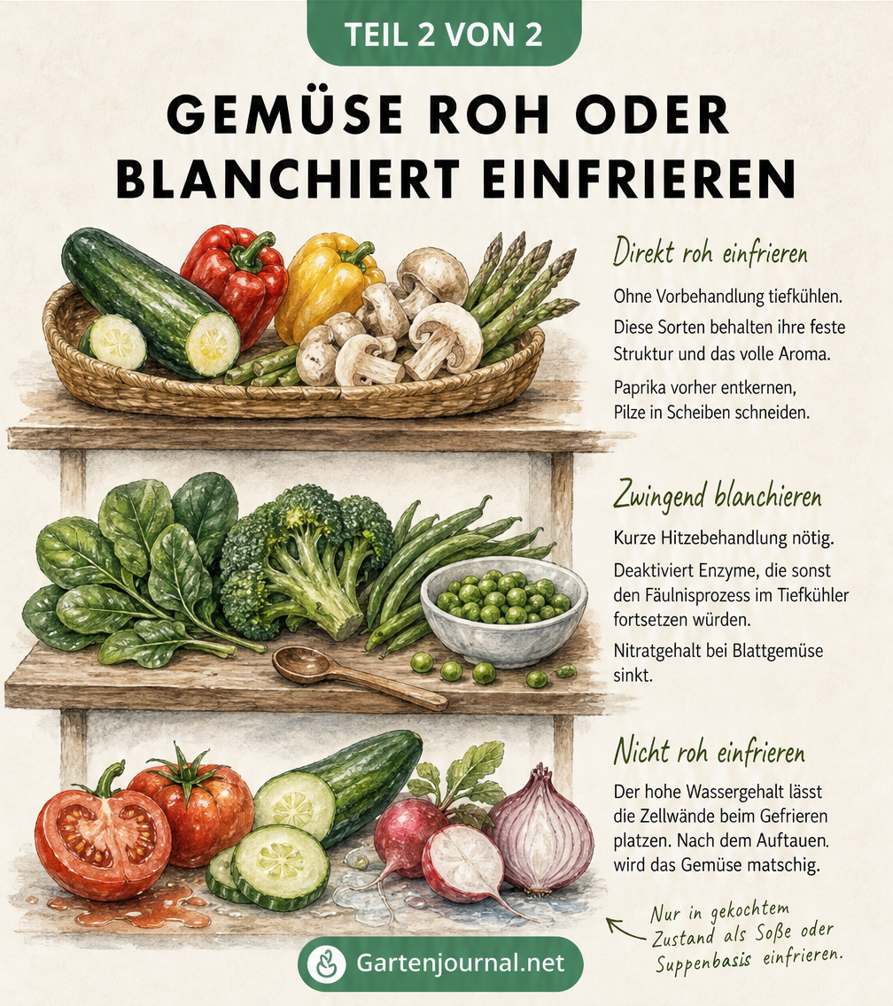 Übersicht, welche Gemüsesorten roh eingefroren werden können, welche blanchiert werden müssen und welche sich gar nicht zum Einfrieren eignen.