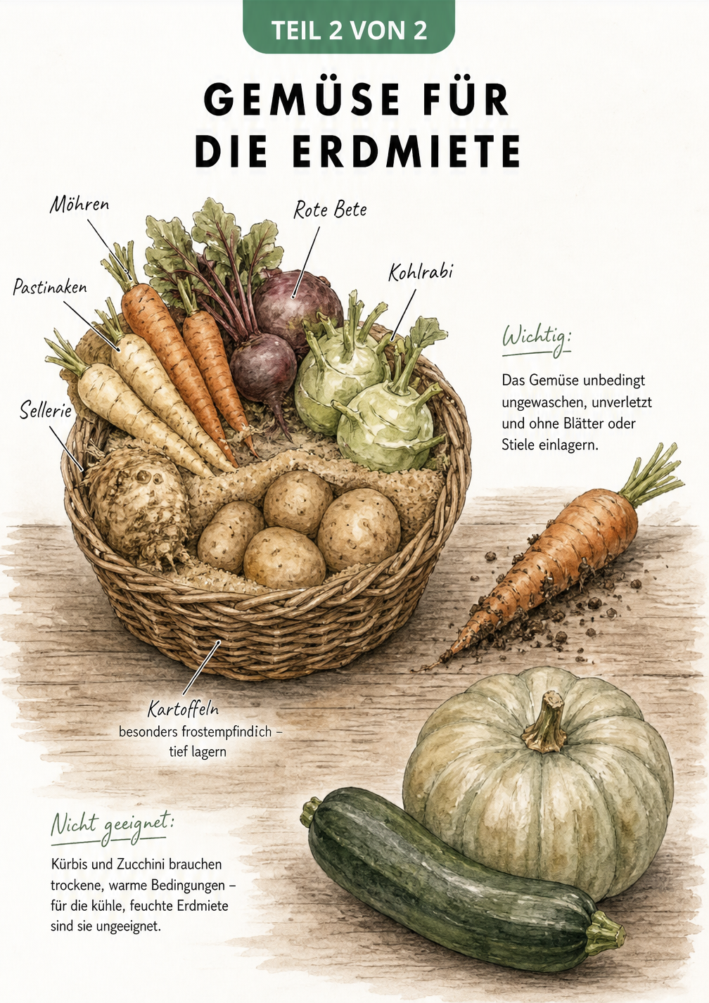 Aquarell-Zeichnung eines Weidenkorbs mit Möhren, Roter Bete, Kohlrabi, Pastinaken und Sellerie sowie Kartoffeln