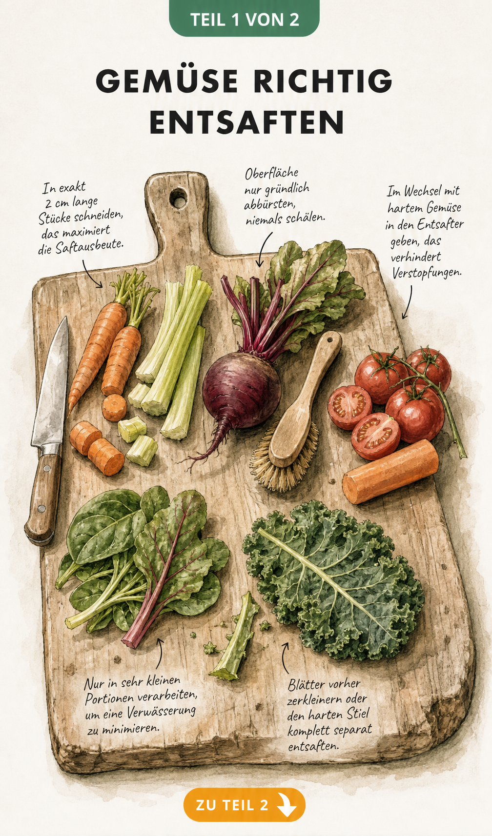 Illustration eines Holzschneidebretts mit Karotten, Roter Beete, Tomaten, Spinat und Grünkohl sowie Tipps zur Vorbereitung für den Entsafter
