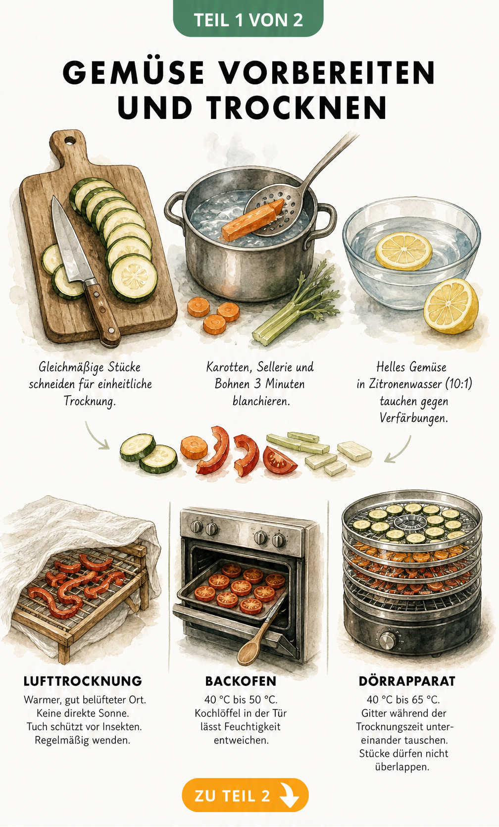 Illustration zur Vorbereitung und Trocknung von Gemüse mit Schneidebrett, Topf zum Blanchieren und drei Trocknungsmethoden: Luft, Backofen und Dörrapparat.