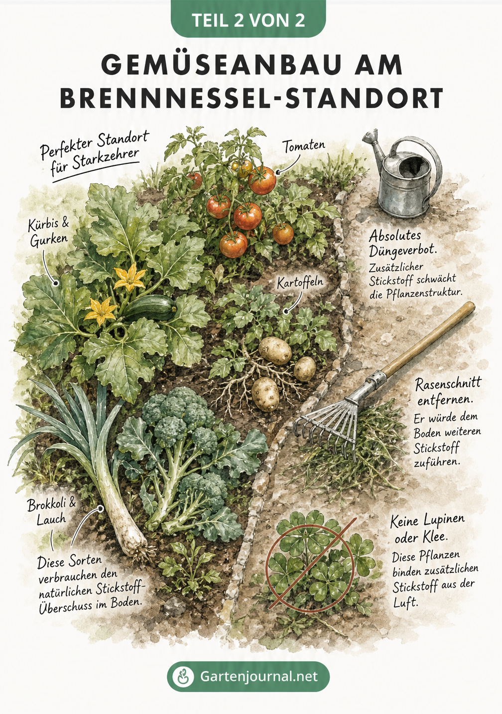 Aquarell-Illustration eines Gartenbeets mit Starkzehrern wie Tomaten, Kürbis und Kartoffeln am Brennnessel-Standort sowie Hinweisen zum Düngeverbot.