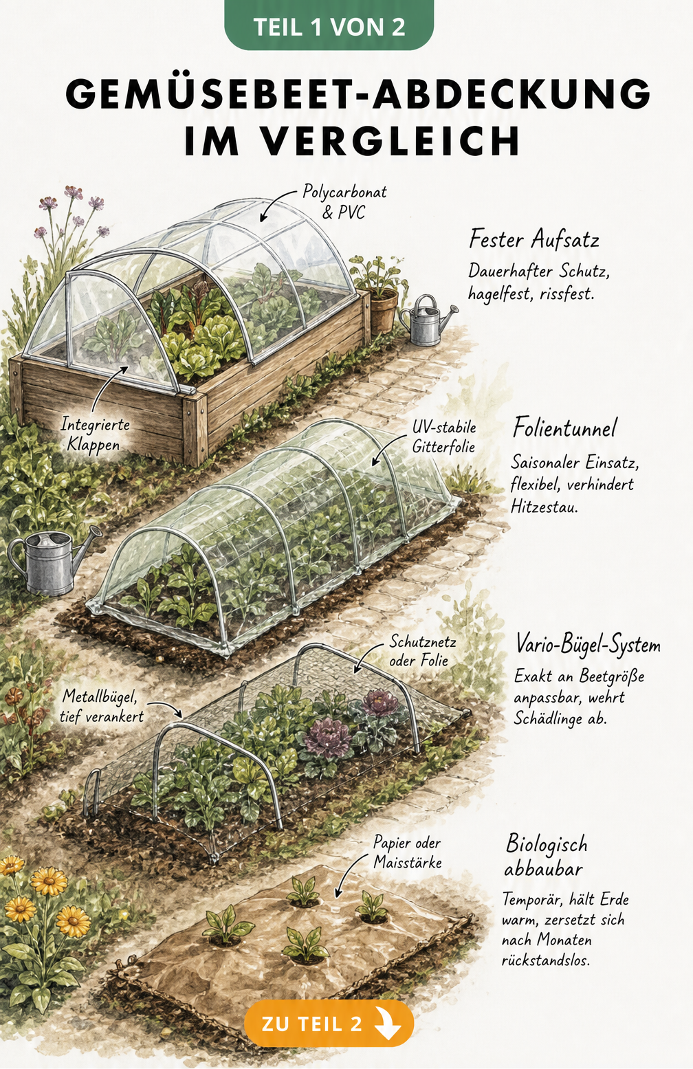 Illustration von vier Gemüsebeeten mit unterschiedlichen Abdeckungen: Polycarbonat, Folientunnel, Vario-Bügel-System und biologisch abbaubare Folie