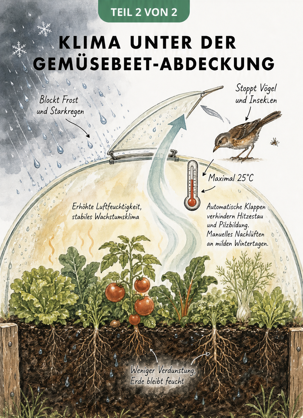 Querschnitt durch ein abgedecktes Gemüsebeet, der das geschützte Mikroklima innen und die Abwehr von Frost, Regen und Vögeln außen zeigt
