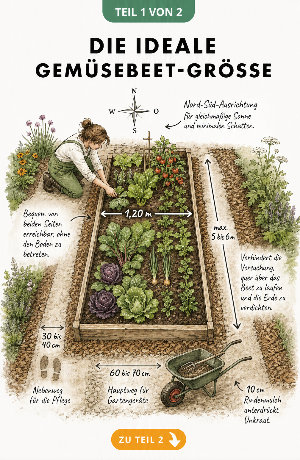 Illustration eines Gemüsebeets mit Maßangaben für Breite, Länge und Wege