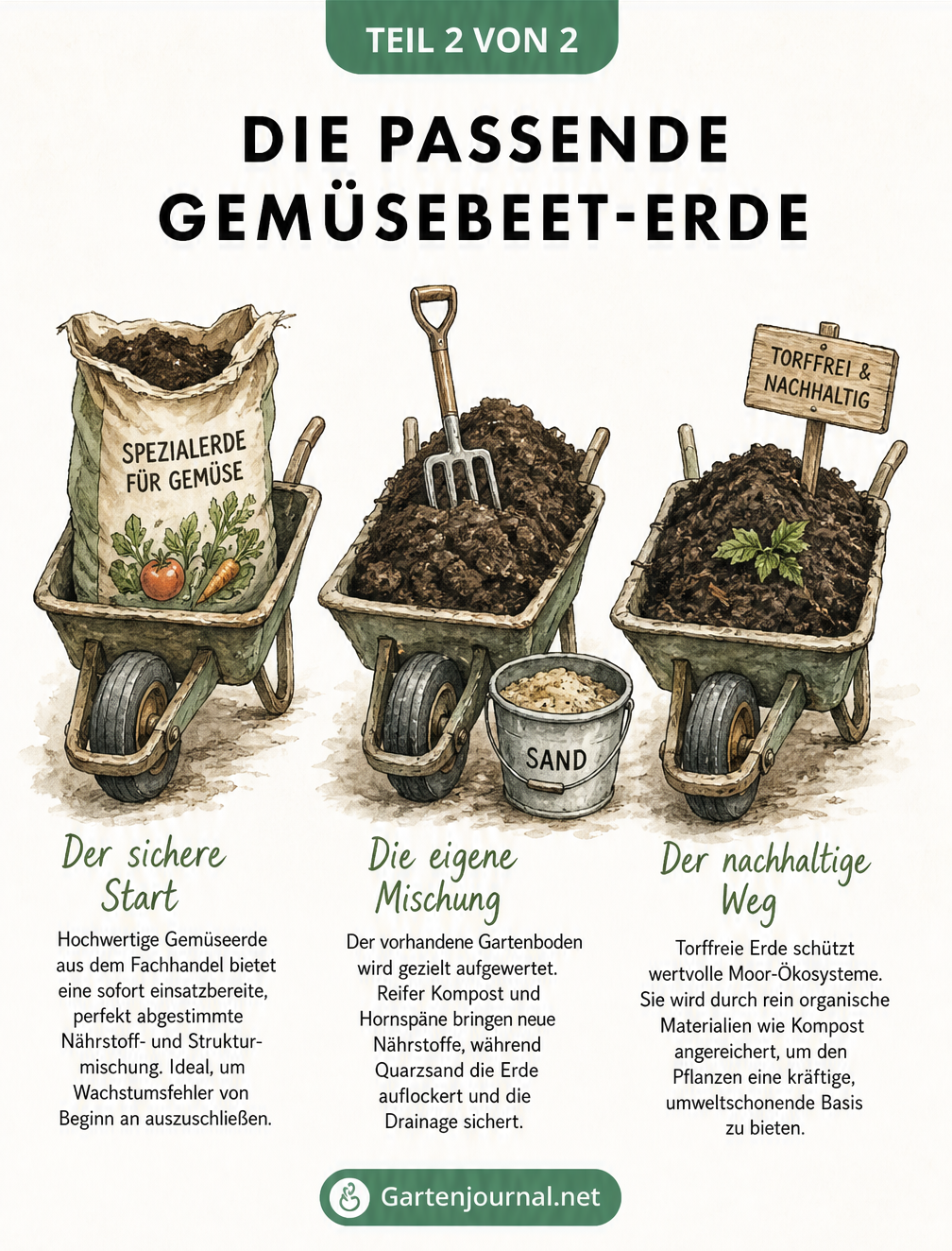 Drei Schubkarren mit unterschiedlichen Erdmischungen: Spezialerde, aufgewerteter Gartenboden und torffreie Erde.