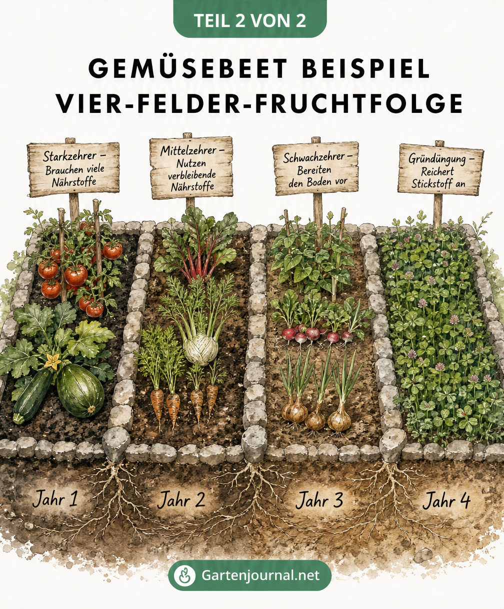Isometrische Illustration von vier Gartenbeeten, die den vierjährigen Kreislauf der Fruchtfolge mit Starkzehrern, Mittelzehrern, Schwachzehrern und Gründüngung...