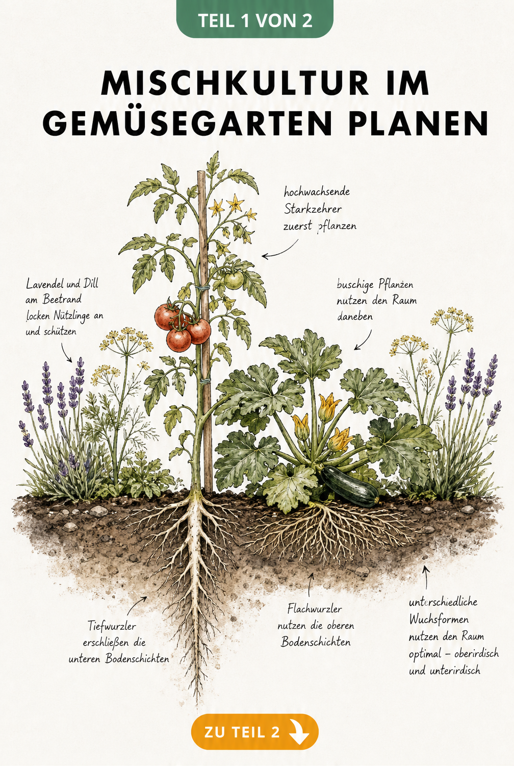 Querschnitt durch ein Gemüsebeet mit tiefwurzelnden und flachwurzelnden Pflanzen in Mischkultur