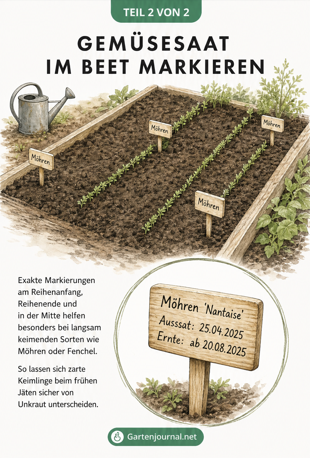 Isometrische Zeichnung eines Gemüsebeets mit zwei Saatreihen, markiert durch Holzschilder am Anfang, Ende und in der Mitte. Ein Detail zeigt Sortenname,...