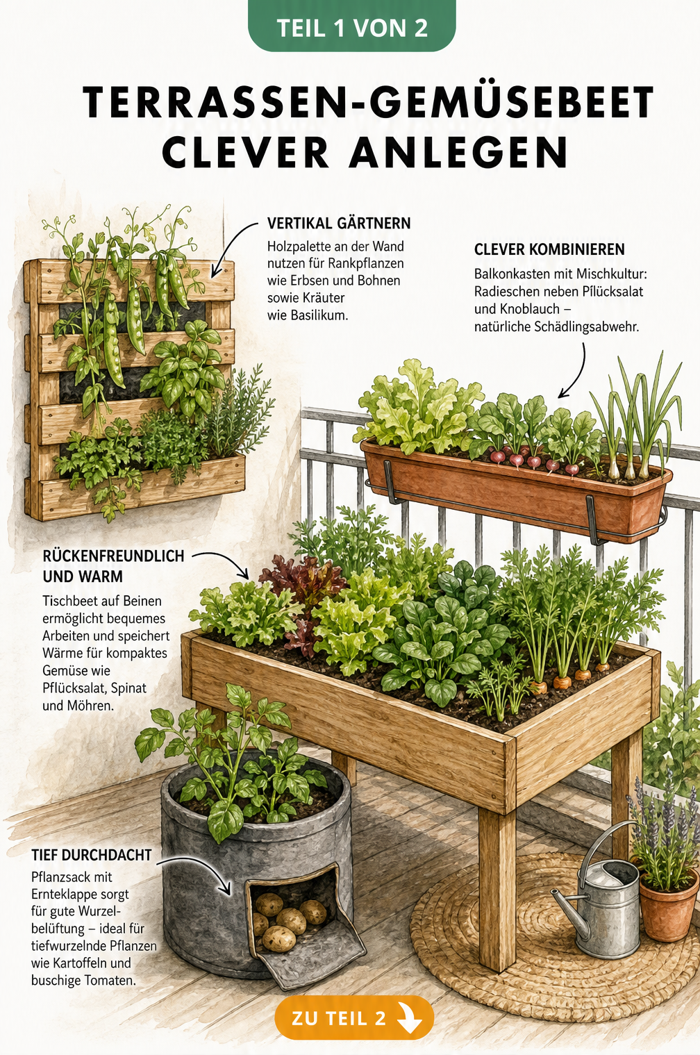 Illustration einer Terrasse mit vertikalem Garten, Tischbeet, Pflanzsack und Balkonkasten für Gemüse