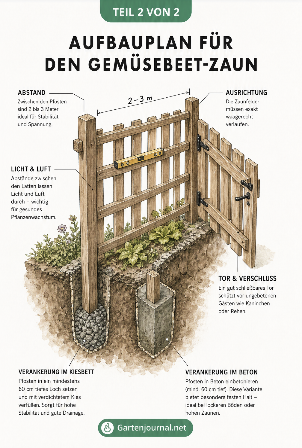 Isometrische Zeichnung zum Aufbau eines Gemüsebeet-Zauns mit Pfosten, Fundament, Wasserwaage und Holztor