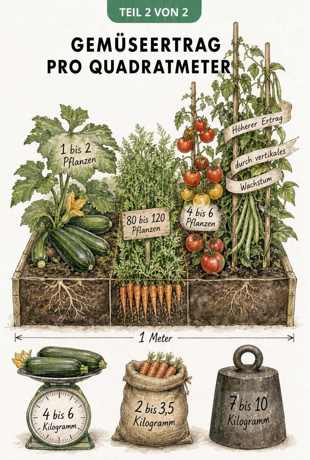 Botanische Illustration eines Quadratmeters Erde mit Zucchini, Karotten und Tomaten samt Ertragsangaben