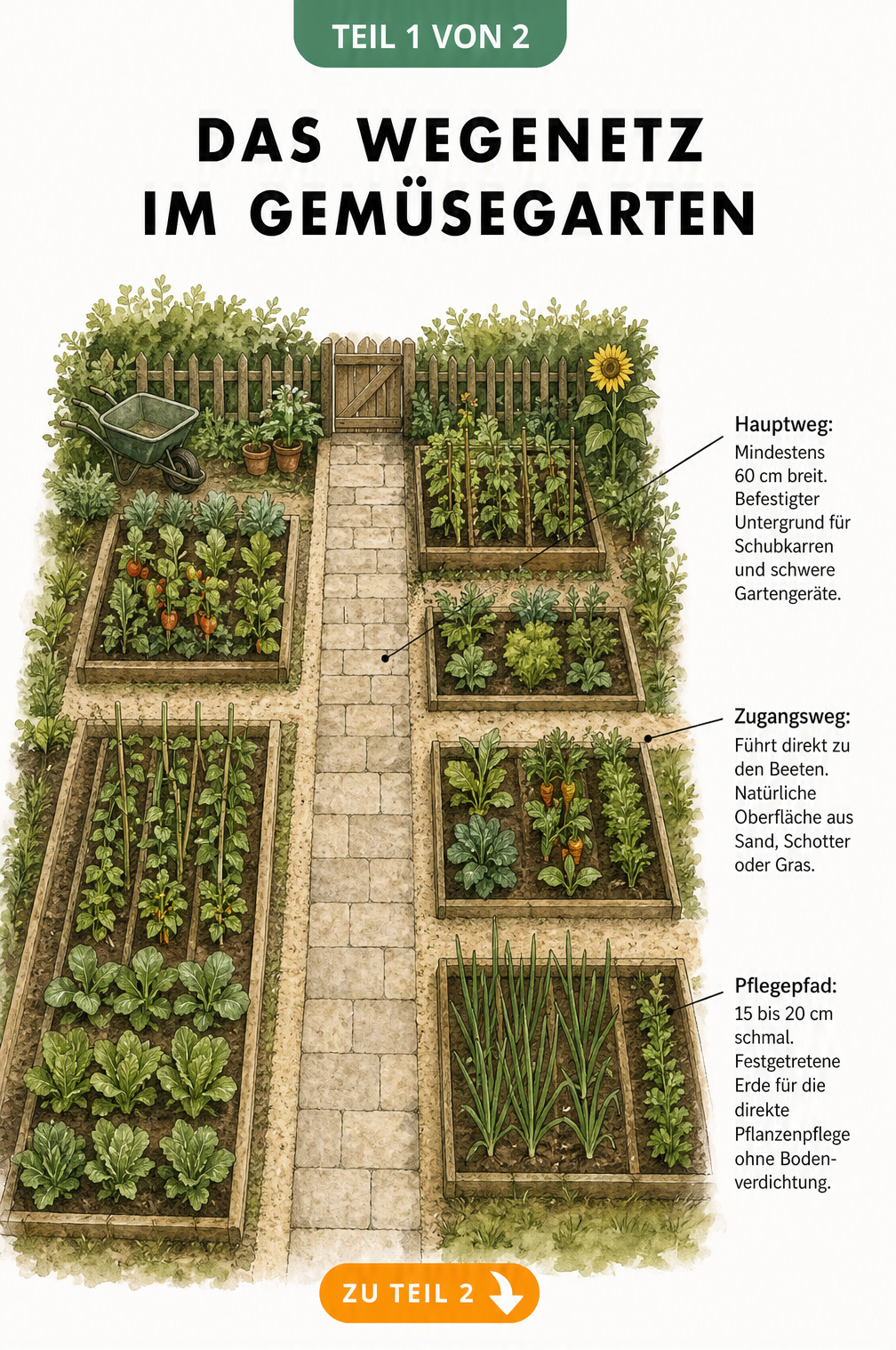 Isometrische Illustration eines Gemüsegartens mit Hauptweg, Zugangsweg und Pflegepfad