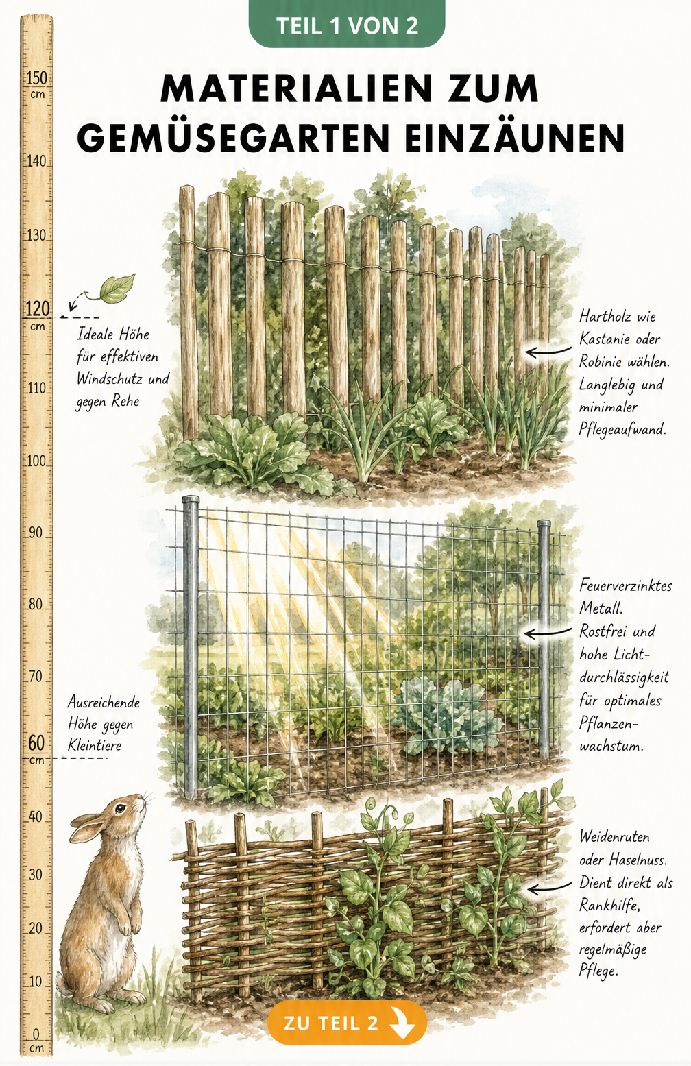 Illustration verschiedener Zaunarten für den Gemüsegarten mit Höhenangaben für Kaninchen und Rehe