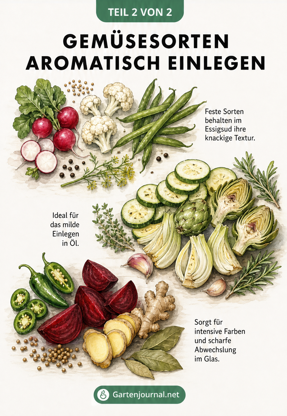 Verschiedene Gemüsesorten wie Radieschen, Zucchini und Jalapenos zum Einlegen