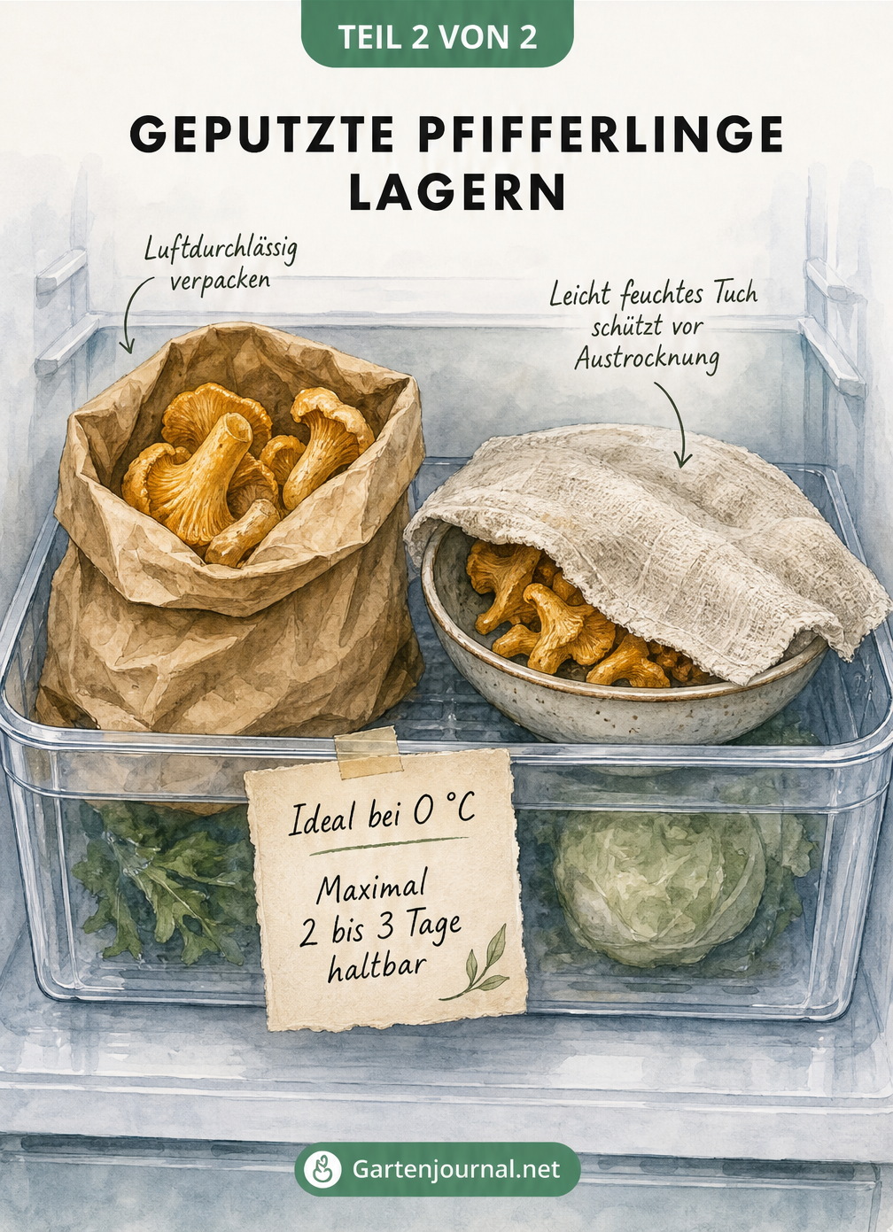 Illustration zur Lagerung von geputzten Pfifferlingen in einer Papiertüte und unter einem feuchten Tuch im Kühlschrank
