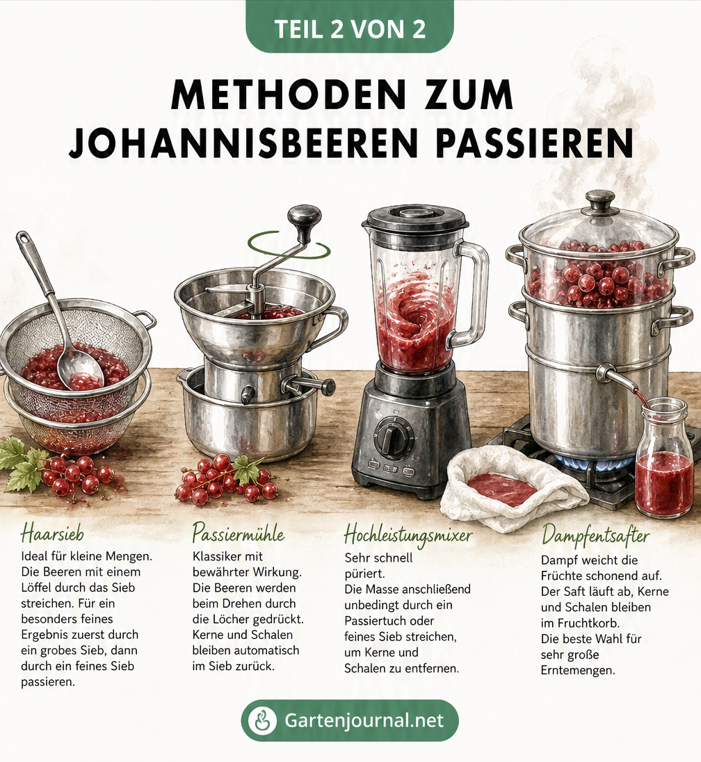 Illustration verschiedener Küchengeräte zum Passieren: Haarsieb, Passiermühle, Hochleistungsmixer und Dampfentsafter