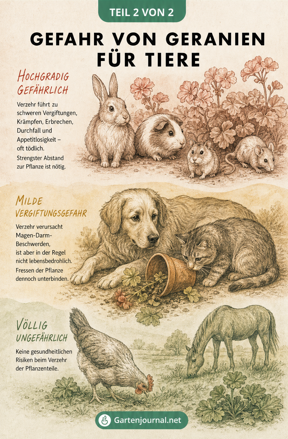 Illustration verschiedener Tiere mit Gefahrenstufen beim Verzehr von Geranien