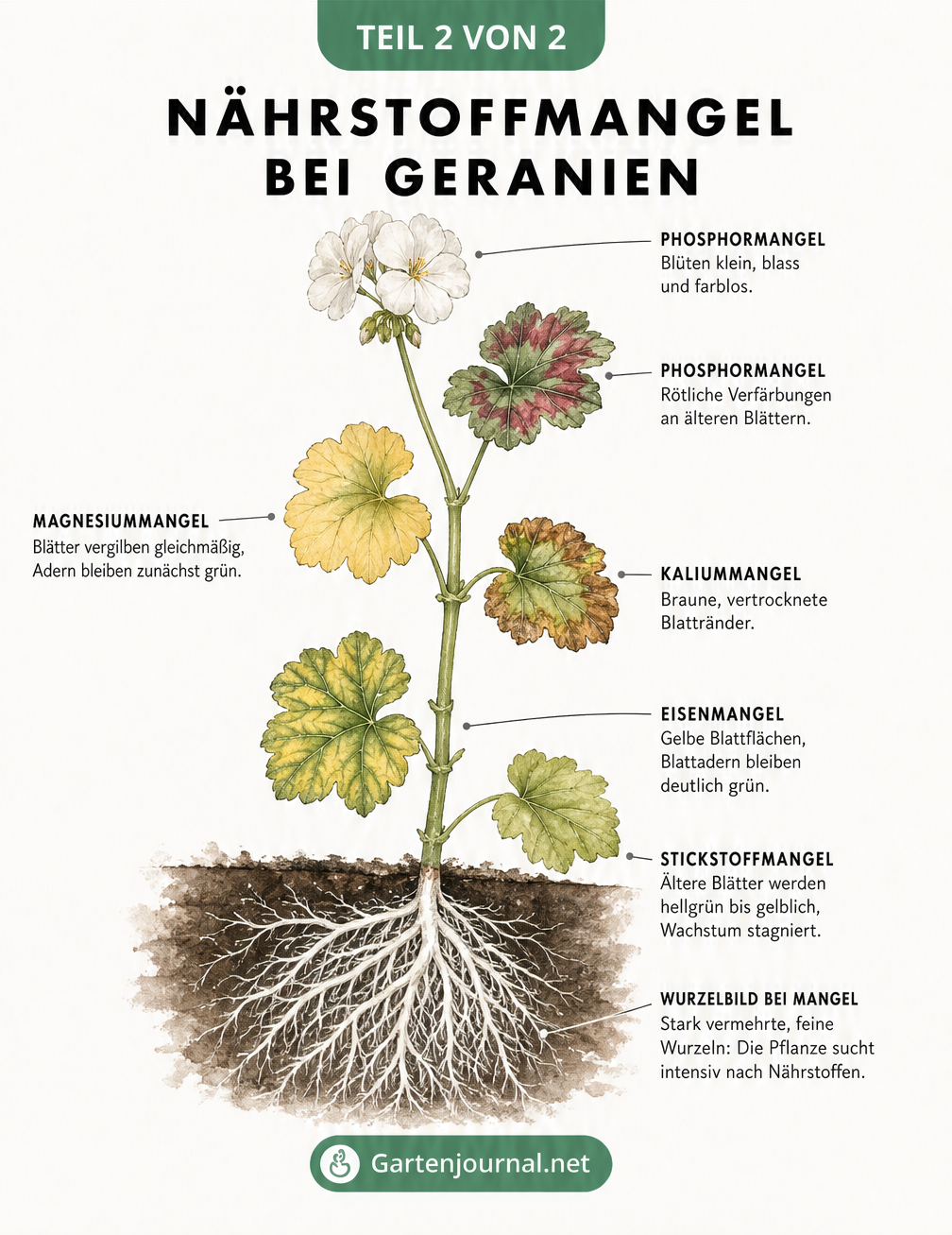 Aquarell-Zeichnung eines Geranienstängels mit Blättern und Blüten, die Symptome für Nährstoffmangel wie gelbe Blätter zeigen