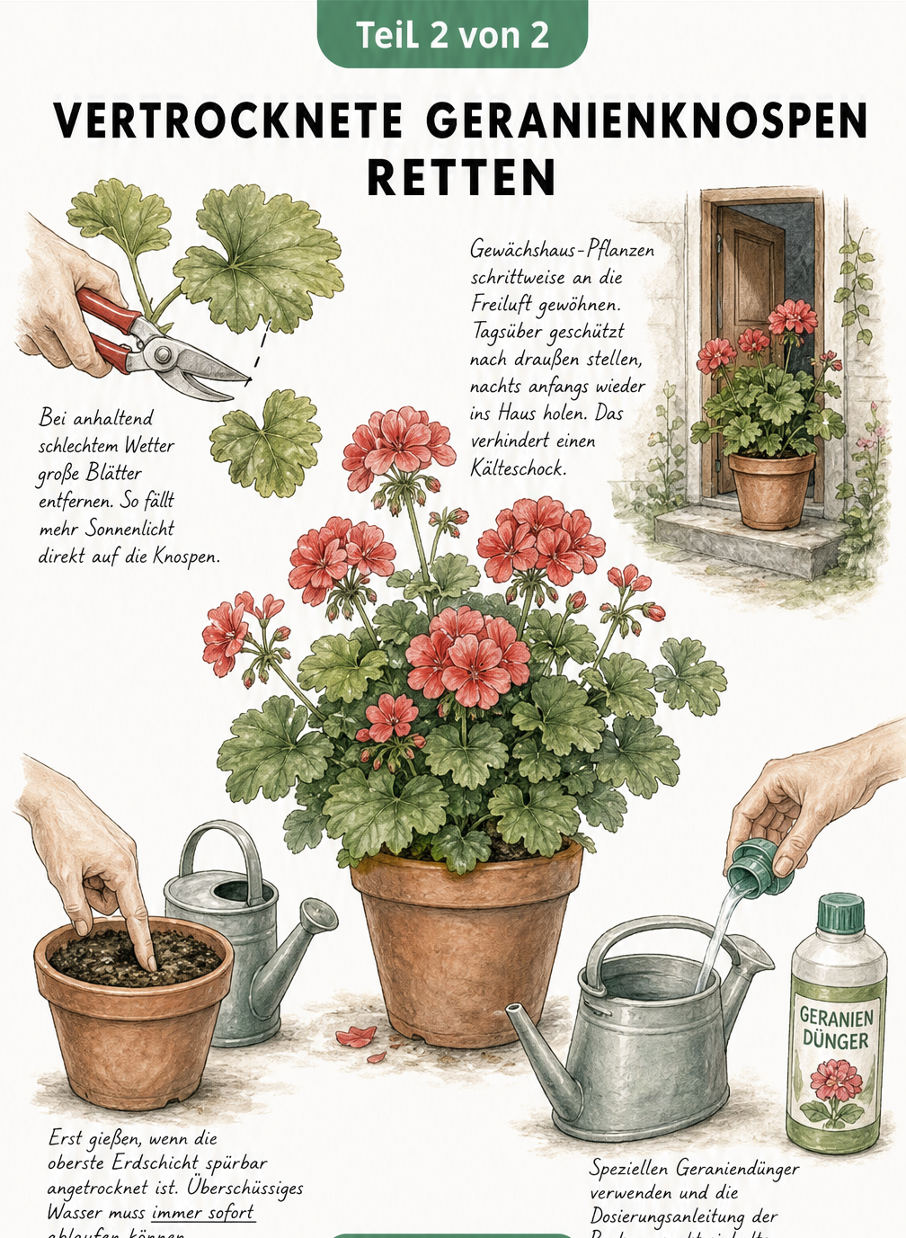 Illustration von vier Handgriffen zur Rettung von Geranien: große Blätter abschneiden, Pflanzen an Freiluft gewöhnen, Erde vor dem Gießen prüfen und Dünger...