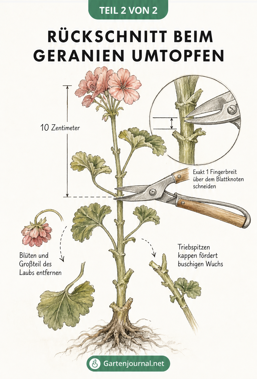 Detailzeichnung eines Geranientriebs, bei dem eine Gartenschere exakt einen Fingerbreit über einem Blattknoten ansetzt.