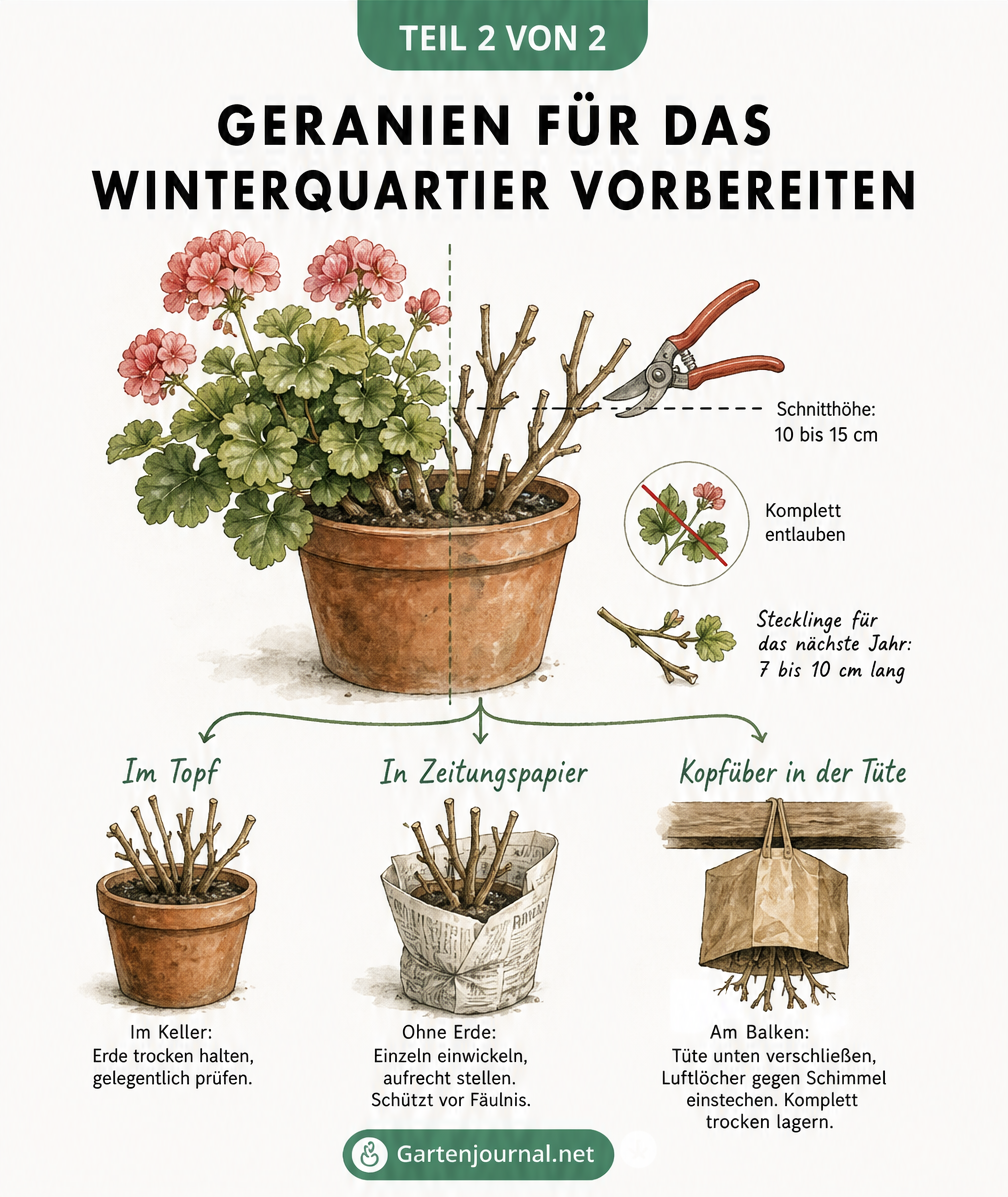 Illustration zum Rückschnitt von Geranien auf 10 bis 15 cm und drei platzsparenden Lagermethoden im Winterquartier