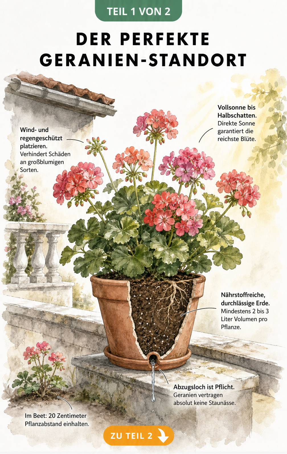 Botanische Illustration einer blühenden Geranie im Terrakotta-Topf mit Hinweisen zu Standort, Erde und Pflanzabstand.