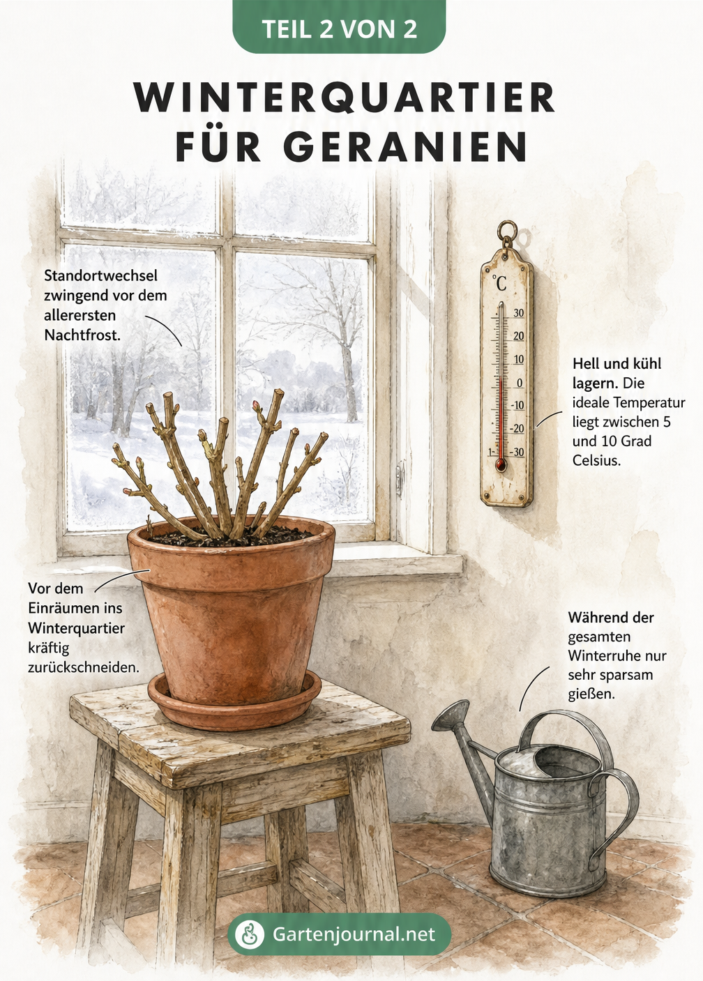 Illustration einer zurückgeschnittenen Geranie im Topf vor einem Fenster mit Hinweisen zur Überwinterung.