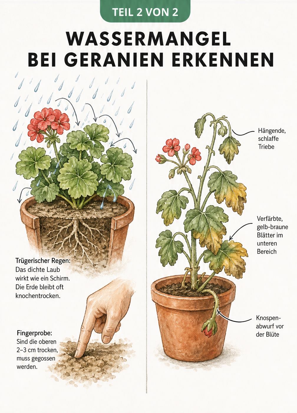 Zweigeteilte Grafik: Links eine Geranie im Regen mit trockener Erde, rechts eine Pflanze mit Symptomen von Wassermangel wie hängenden Trieben und gelben...