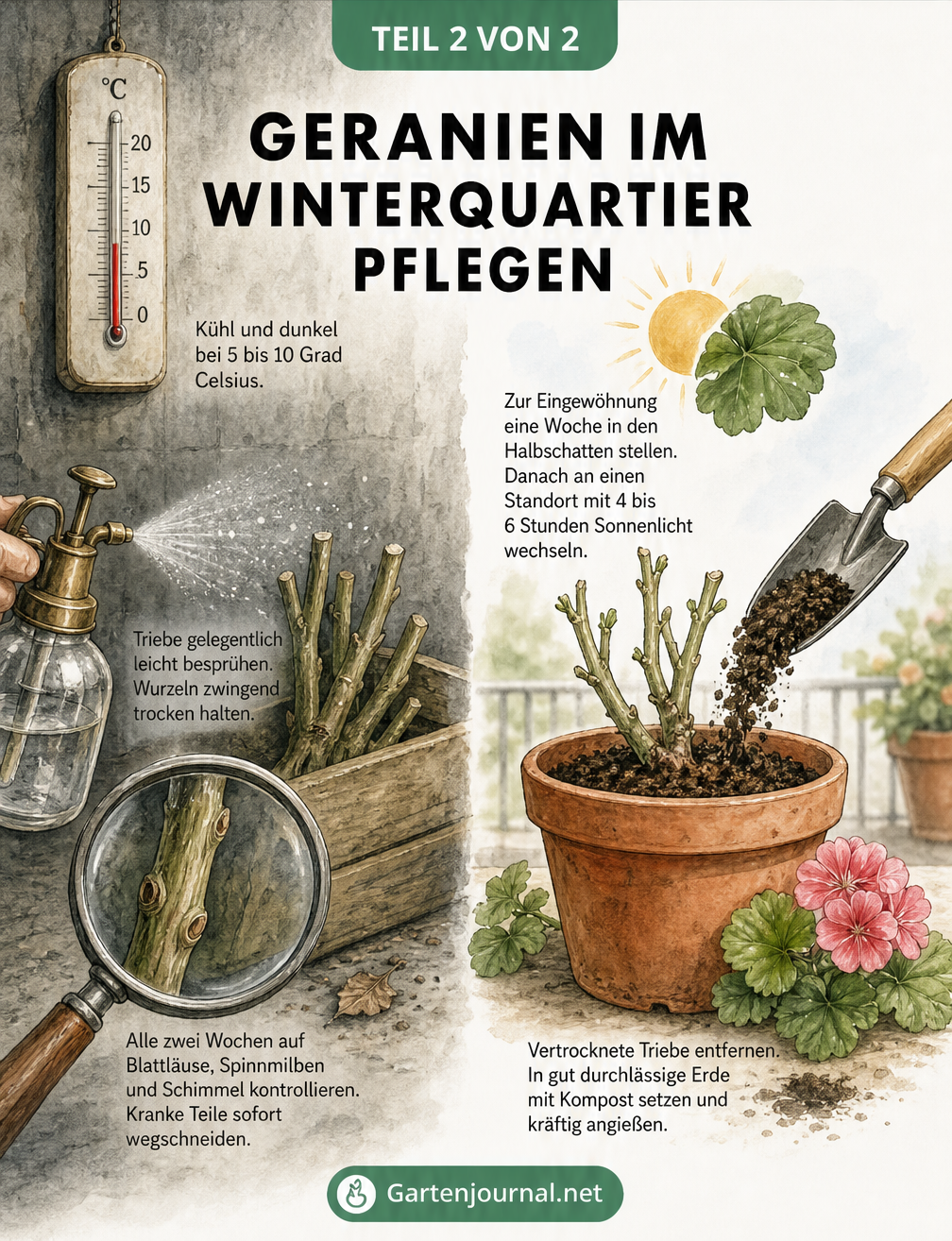 Illustration zur Pflege von Geranien im Winterquartier und Frühjahr, zeigt Temperaturkontrolle, Befeuchtung, Schädlingskontrolle und das Einpflanzen im...