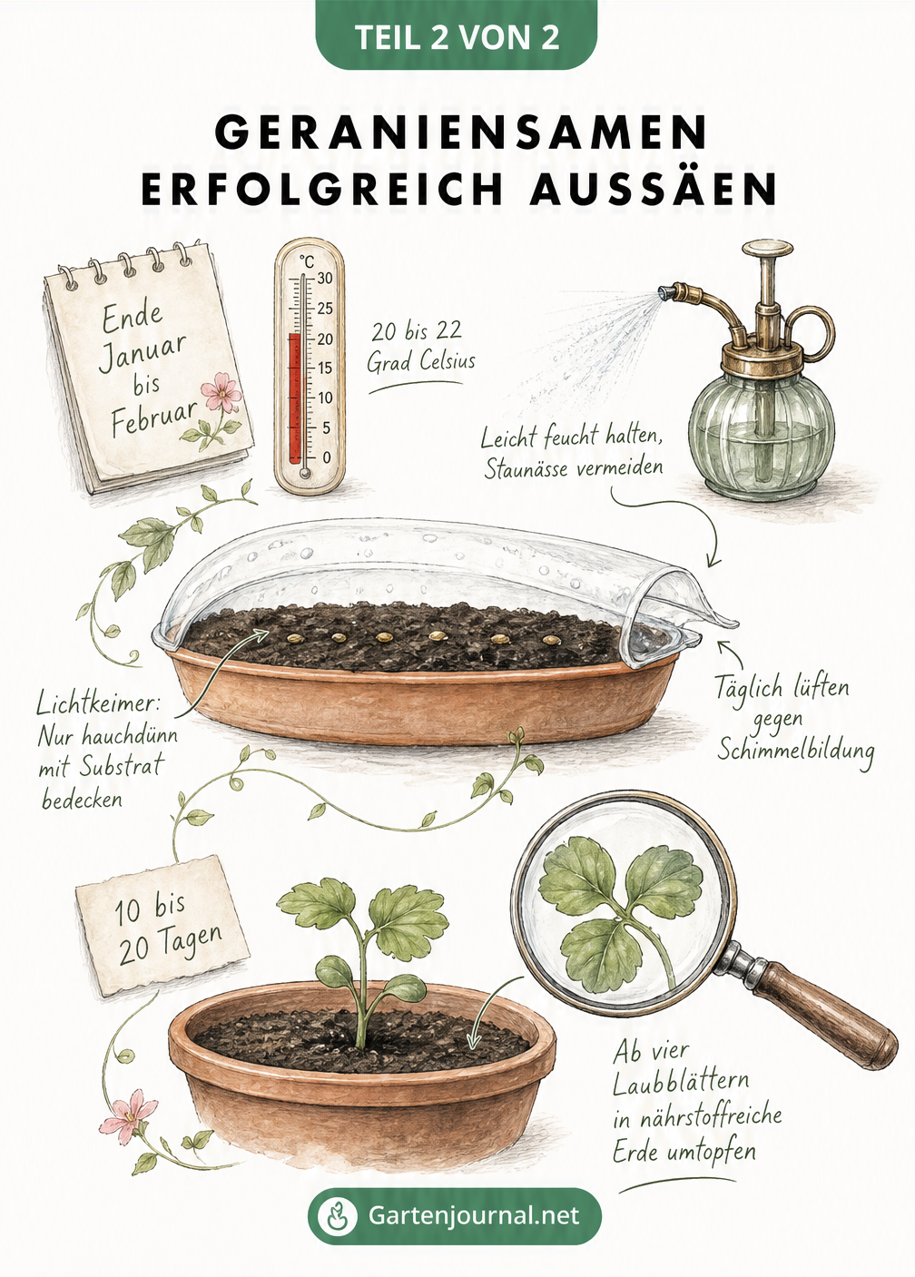 Skizze zur Aussaat von Geraniensamen in einer Anzuchtschale mit Hinweisen zu Temperatur, Licht und Feuchtigkeit.
