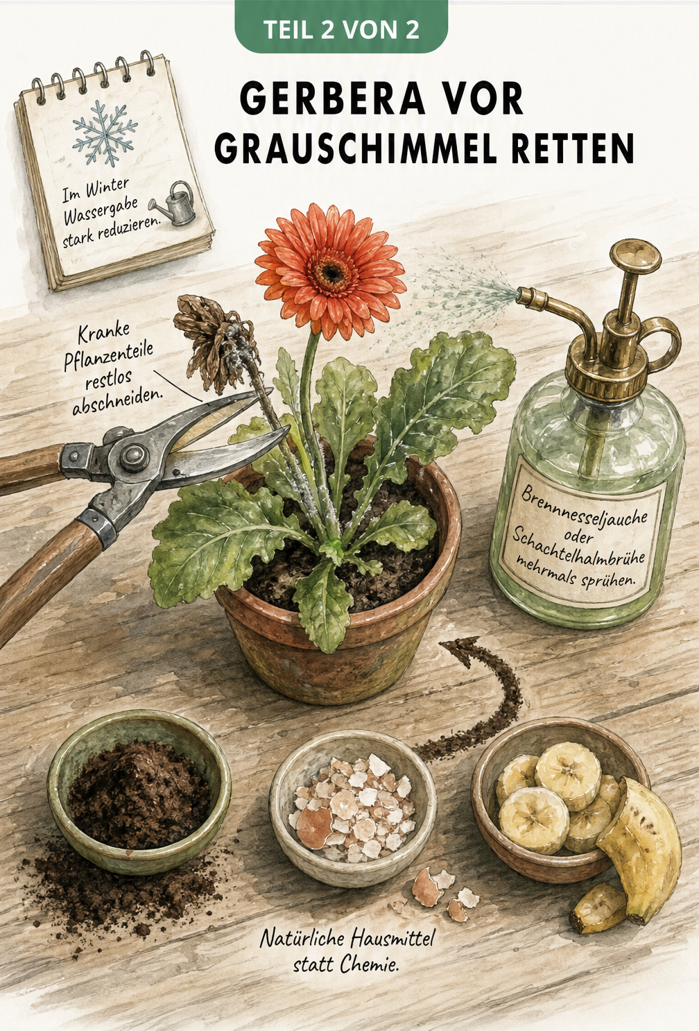 Illustration zur Rettung einer Gerbera vor Grauschimmel mit Gartenschere, Brennnesseljauche und natürlichen Düngemitteln