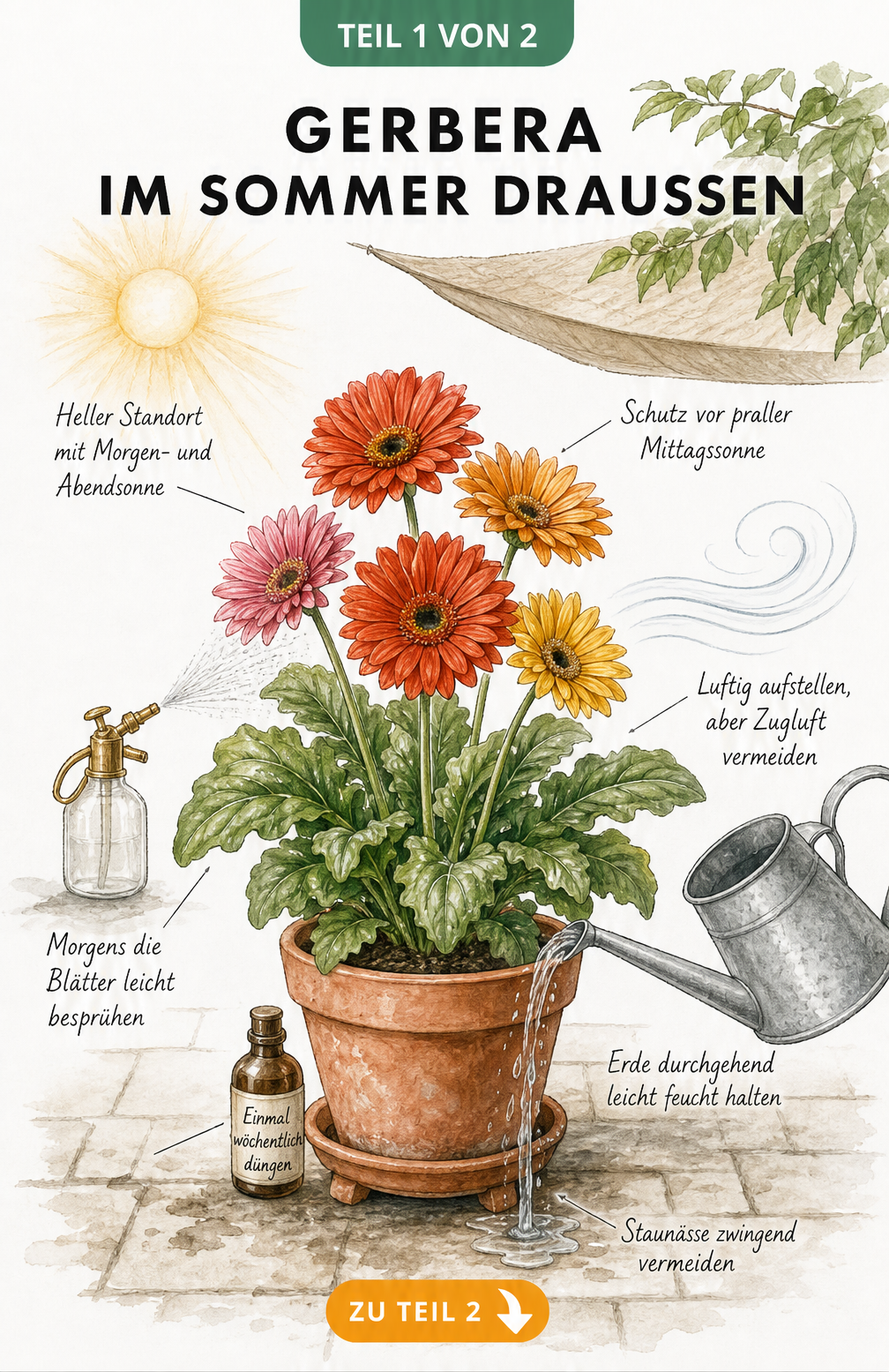 Botanische Illustration einer Gerbera im Terrakottatopf auf der Terrasse mit Pflegehinweisen zu Standort, Gießen und Düngen
