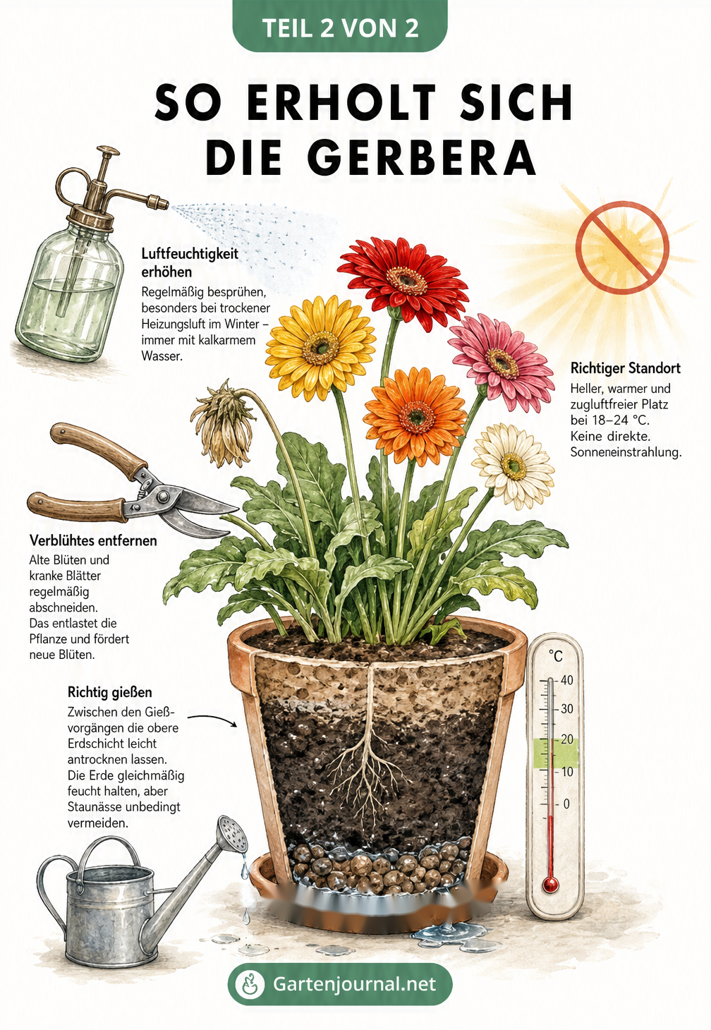 Illustration einer gesunden Gerbera mit Tipps zur Pflege wie richtiges Gießen, optimaler Standort und Erhöhung der Luftfeuchtigkeit