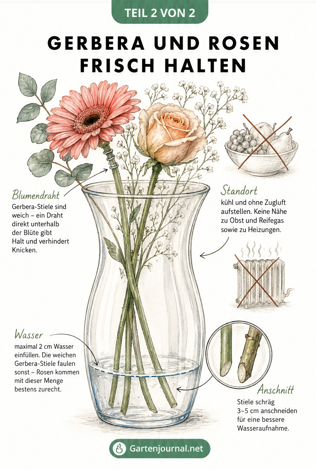Illustration einer Glasvase im Querschnitt mit Gerbera und Rosen, die den optimalen Wasserstand und Anschnitt zeigt.