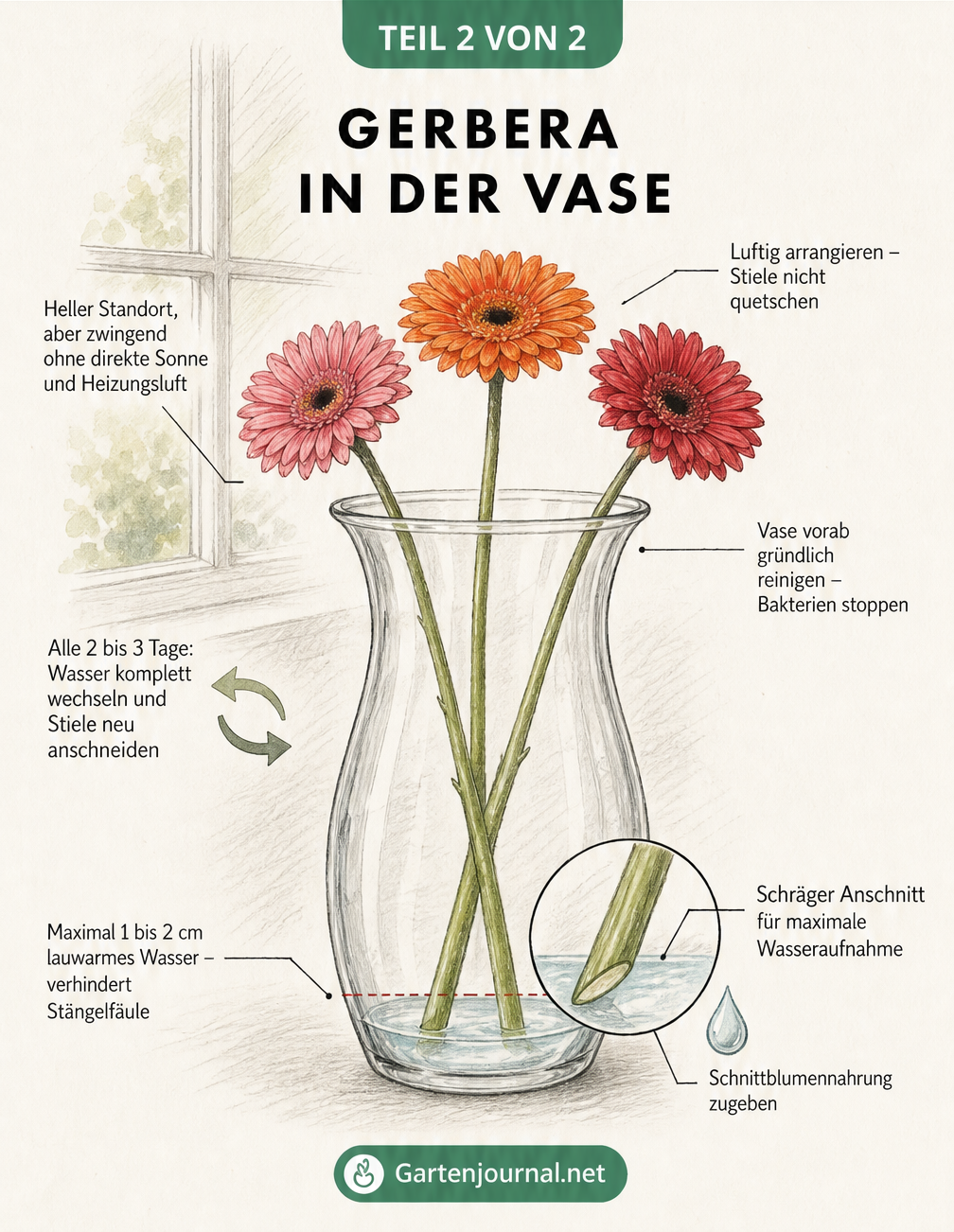 Schnittzeichnung einer Glasvase mit drei Gerbera-Stielen und Pflegetipps wie flachem Wasserstand und schrägem Anschnitt