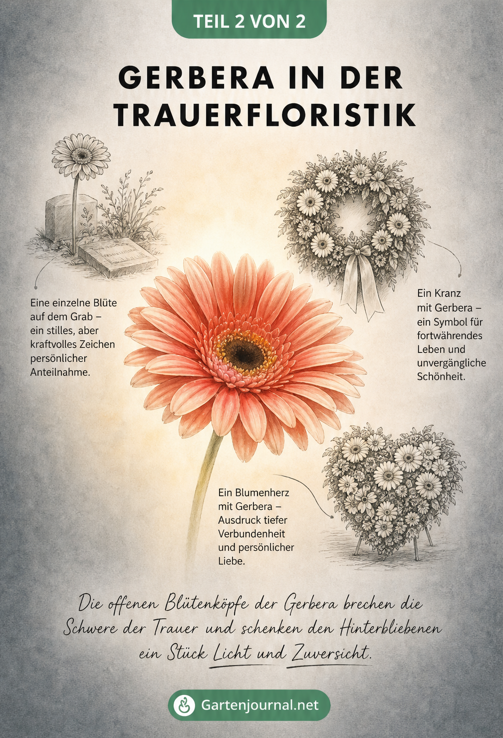 Illustration einer geöffneten Gerbera-Blüte im Licht mit Skizzen von Trauerkranz, Blumenherz und Einzelblüte auf einem Grab