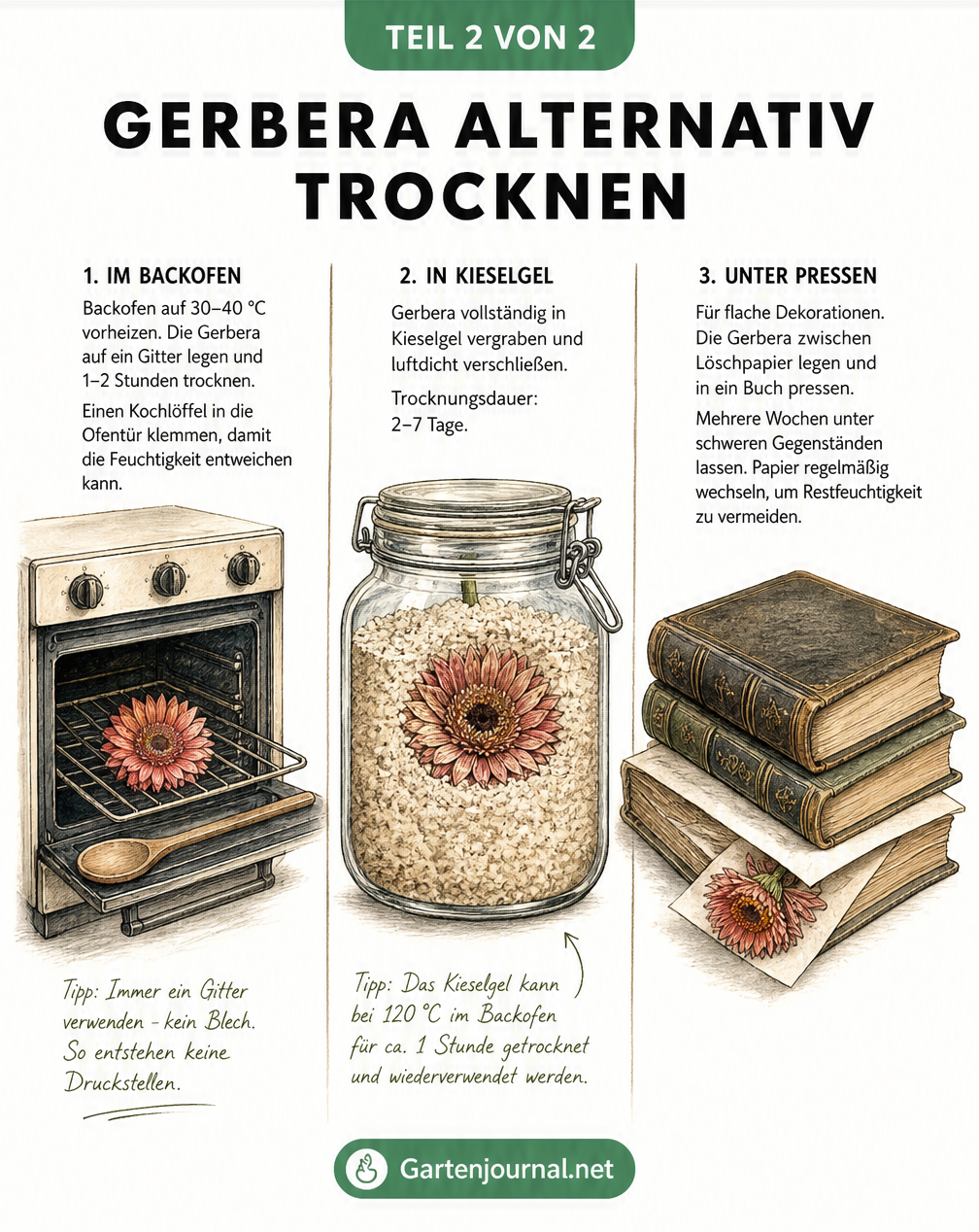 Illustration alternativer Trocknungsmethoden für Gerbera im Backofen, mit Kieselgel und in Büchern