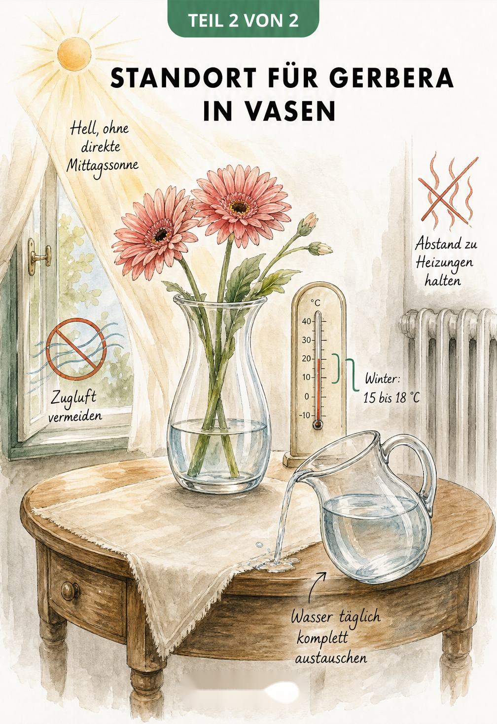Illustration einer Raumszene mit einer Gerbera-Vase auf einem Tisch, die den idealen hellen Standort ohne direkte Mittagssonne, Zugluft oder Heizungsluft zeigt.