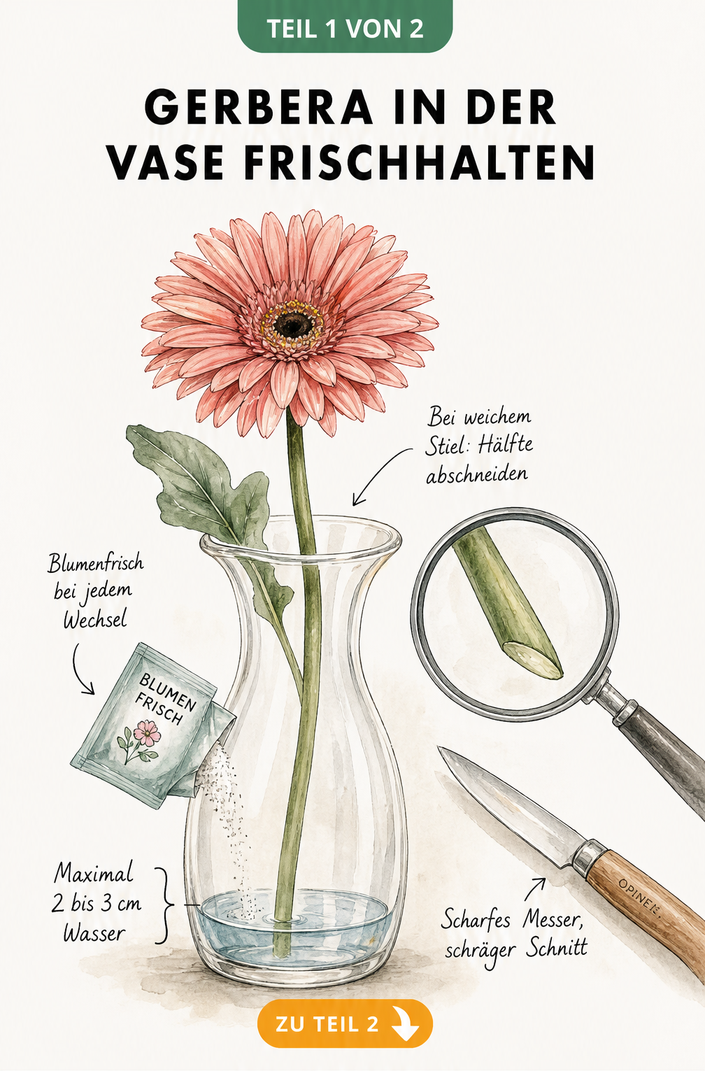 Illustration einer Gerbera in einer Glasvase mit niedrigem Wasserstand, Blumenfrisch-Pulver und Detailansicht eines schrägen Stielanschnitts mit...