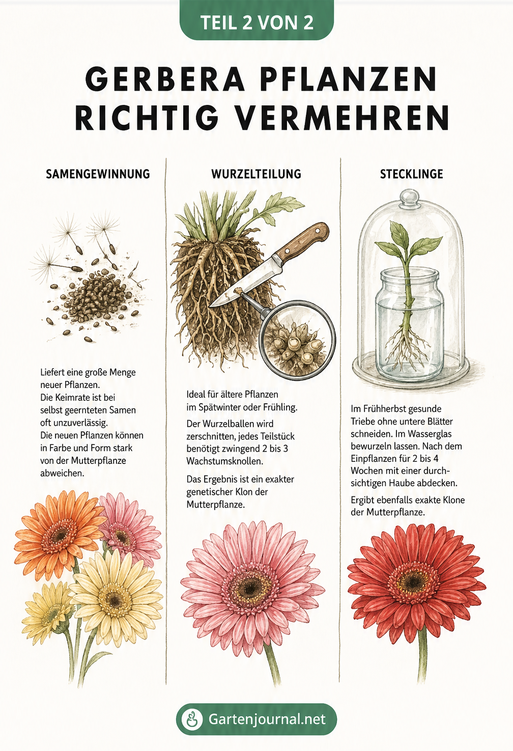 Drei Methoden zur Vermehrung von Gerbera: Samengewinnung, Wurzelteilung und Stecklinge