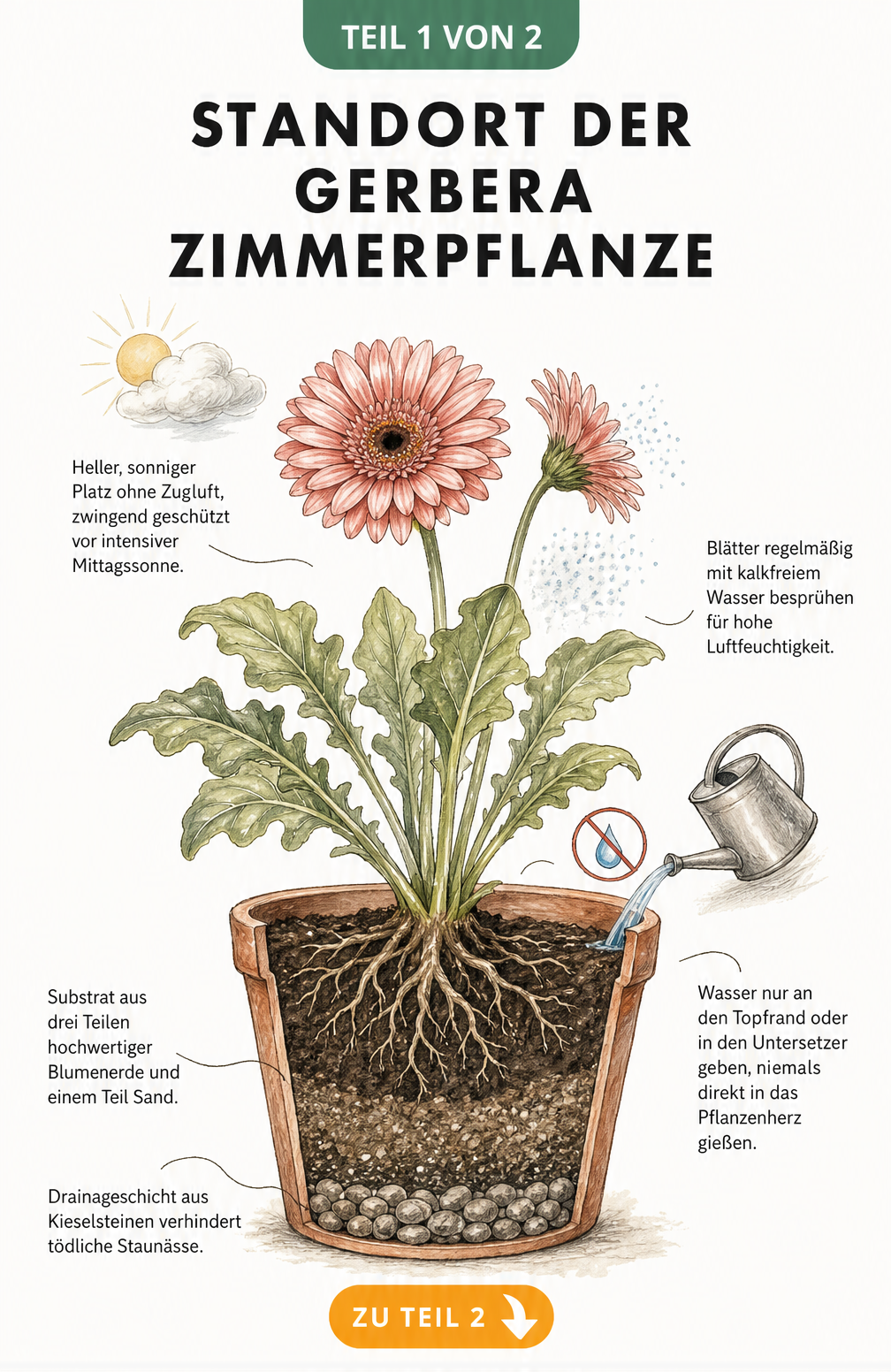 Botanische Illustration einer Gerbera im Querschnitt mit Tipps zu Standort, Erde und Gießen