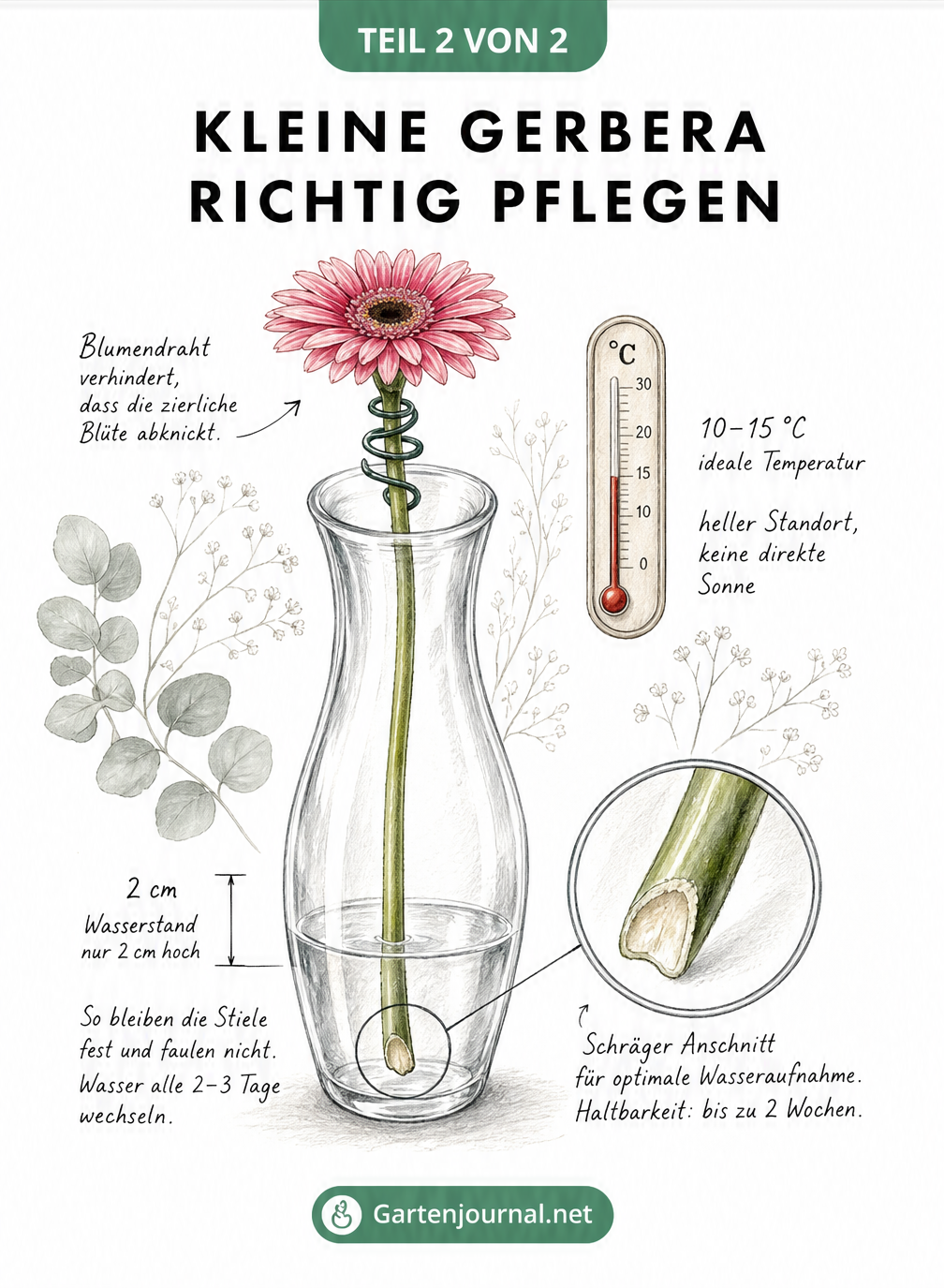 Illustration einer Germini in einer schmalen Glasvase mit niedrigem Wasserstand und Thermometer