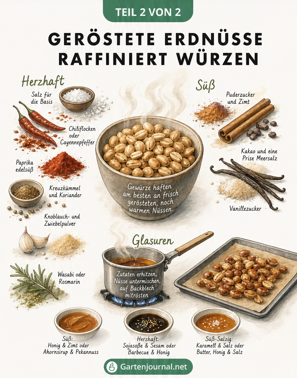Illustration verschiedener Gewürzmischungen für geröstete Erdnüsse
