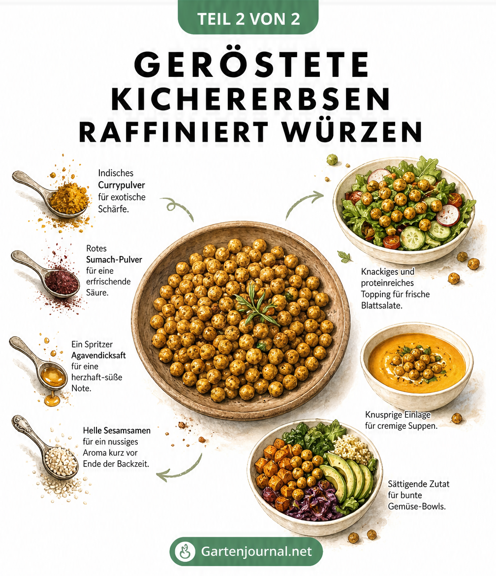 Illustration verschiedener Gewürze wie Curry und Sumach sowie Verwendungsideen für geröstete Kichererbsen in Salaten, Suppen und Bowls