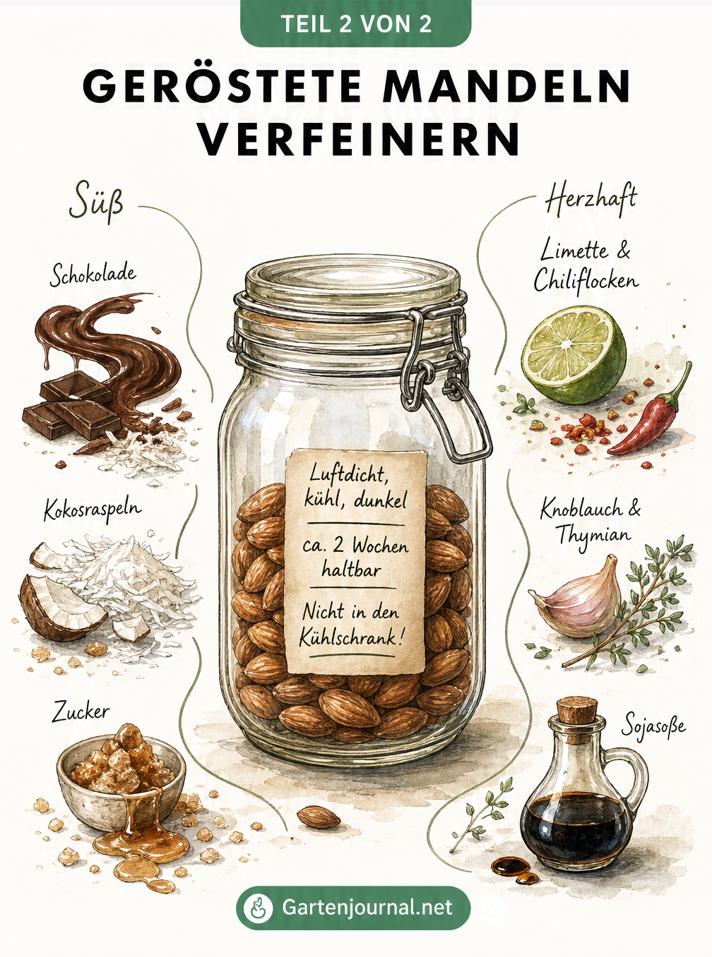 Zeichnung eines Bügelglases mit gerösteten Mandeln, umgeben von süßen und herzhaften Zutaten wie Schokolade, Kokos, Chili und Knoblauch
