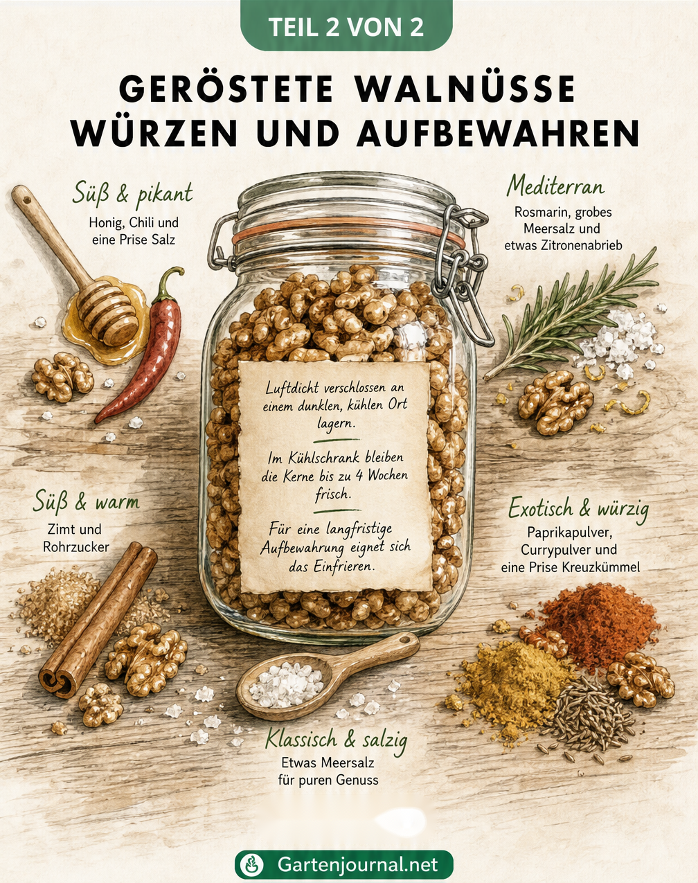 Illustration von gerösteten Walnüssen im Einmachglas mit verschiedenen Gewürzen