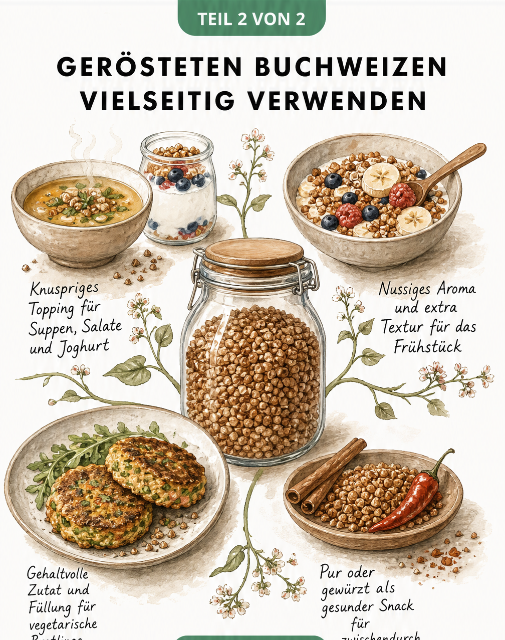 Illustration verschiedener Verwendungsmöglichkeiten für gerösteten Buchweizen wie Suppen, Müsli und Bratlinge